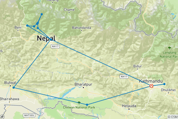 Map of 19-Day Nepal Adventure Trip: Culture, Wildlife, & ABC