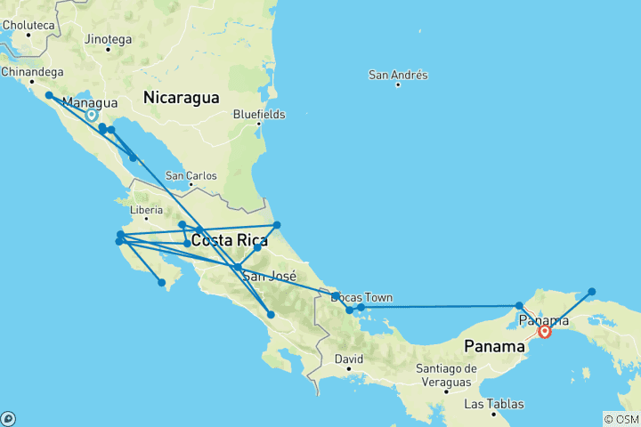 Map of Central American Trilogy in 30 days -  NICARAGUA - COSTA RICA - PANAMA