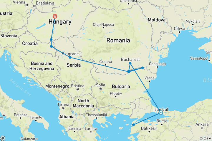 Carte du circuit L'Europe de l'Est et les Balkans dévoilés avec la Turquie et Budapest 2026