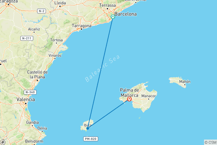 Map of Barcelona, Ibiza and Mallorca (Classic, 9 Days)