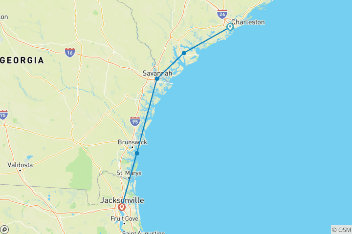 Map of Charms of Southeast USA (Base, 7 Days, Jekyll Island To Jacksonville Airpt And Post Hotel)