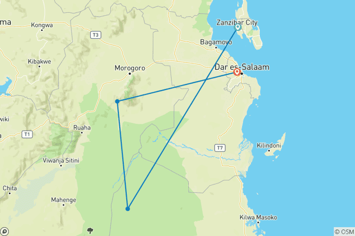 Map of 5-Day Safari in Selous and Mikumi.