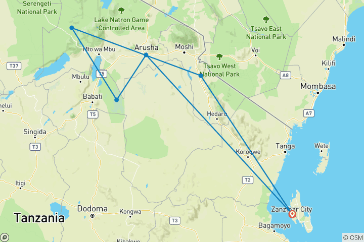 Map of 2-Day Safari from Zanzibar: Tarangire and Ngorongoro Crater.