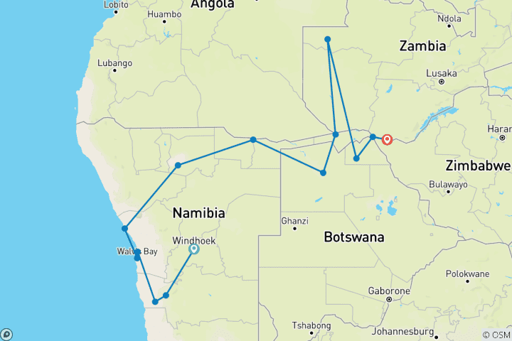 Map of Deserts & Delta Easter Family Overland (Windhoek t