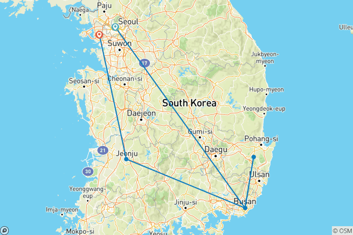 Map of South Korea by Train: From Skylines & Temples to Nature Adventure (from Seoul to Incheon)