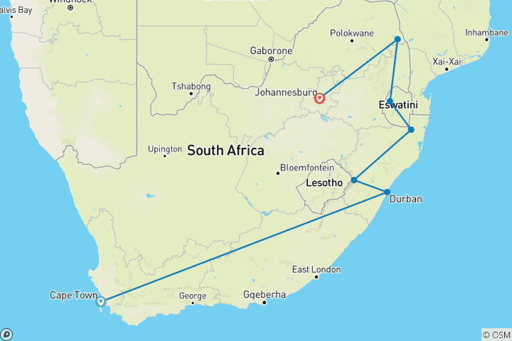 Map of South Africa Adventure: Walking Safari & Glamping Nights