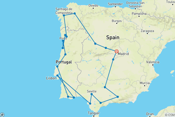 Carte du circuit Portugal et Espagne au départ de Madrid - 13 jours