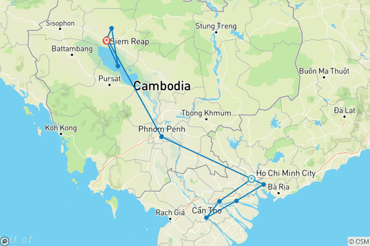 Map of Saigon to Siem Reap (Partially Guided) - 9 days