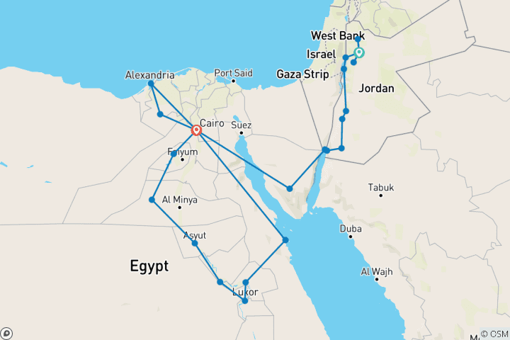 Map of All Jordan and Egypt by land (25 destinations)