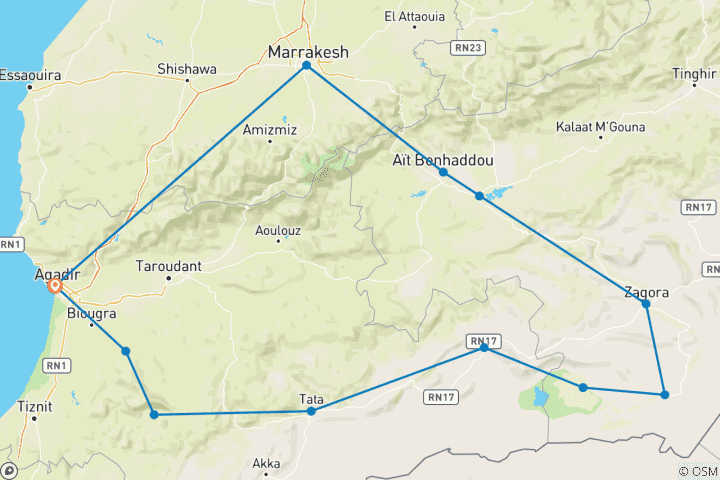 Map of Morocco Desert Tour 6 Days From Agadir To Erg Chegaga