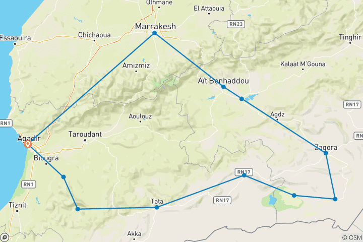 Mapa de Ruta por el Desierto de Marruecos 6 Días De Agadir al Desierto del Sáhara