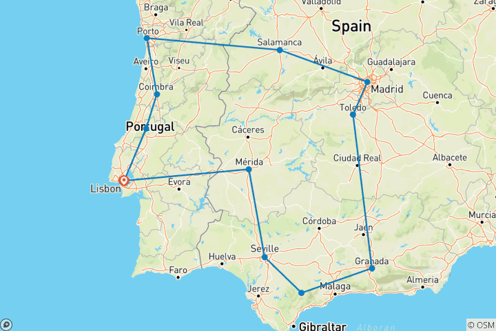 Carte du circuit De Lisbonne à l'Andalousie, Madrid et Porto - 8 jours