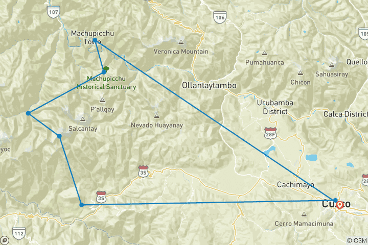 Map of Salkantay Trek & Machu Picchu - 8 days