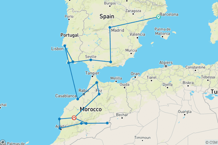 Map of Explore Spain, Portugal and Morocco: Coastal Waves & Desert Dunes