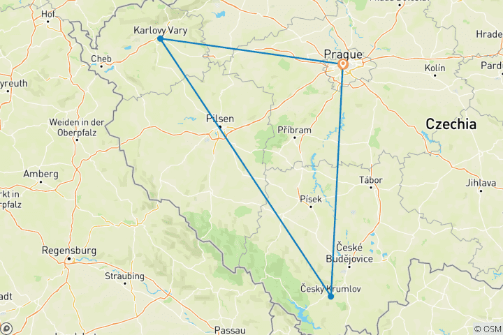 Map of 5-Day Prague , Český Krumlov, and Karlovy Vary