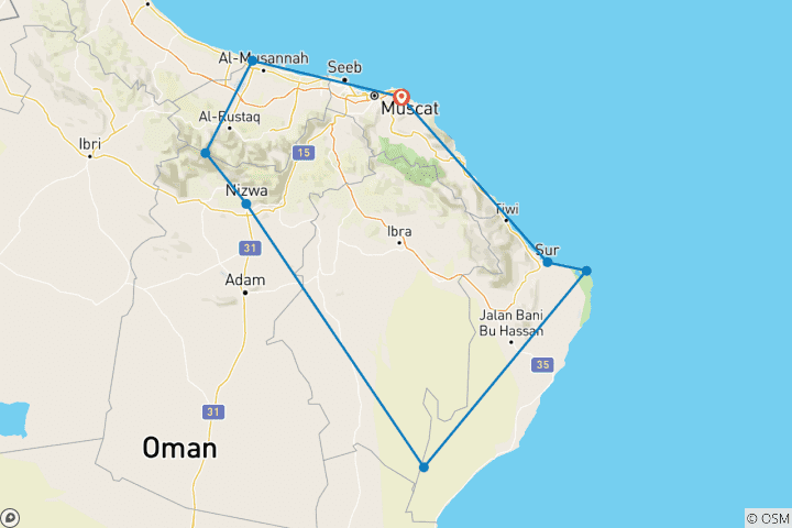 Map of Private Oman round trip with English-speaking driver-guide