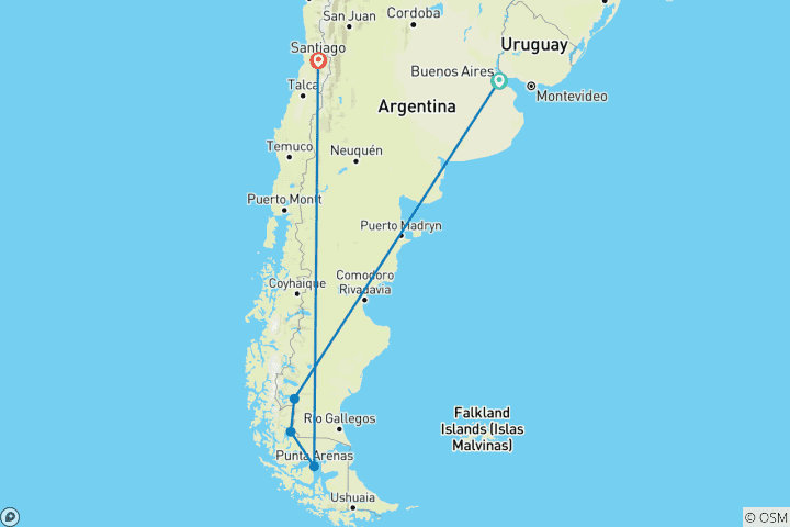 Map of Buenos Aires, Patagonia & Santiago (Superior) - 11 days