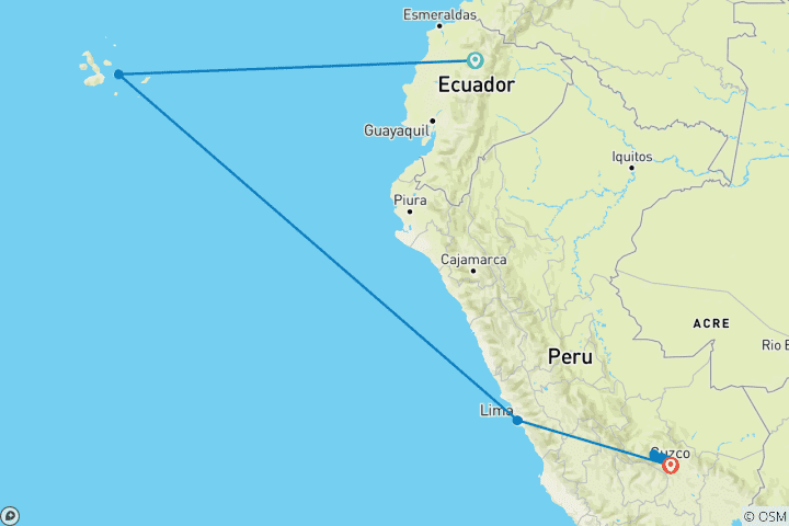 Map of Quito, Galapagos & Peru - 11 days