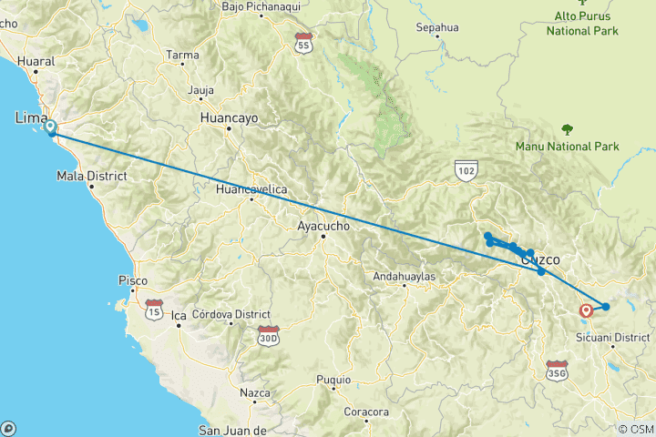 Map of Lima to Cusco (Superior) - 7 days