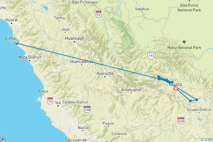 Map of Lima to Cusco - 7 days