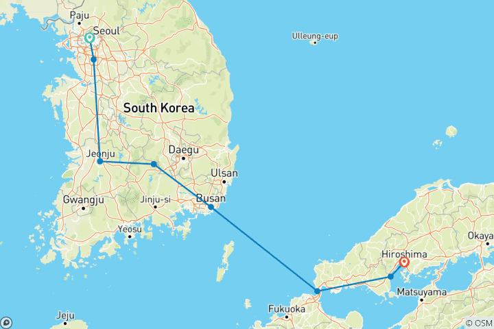 Mapa de De Seúl a Hiroshima (8 destinations)