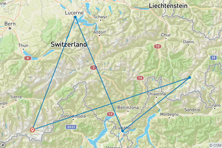 Carte du circuit La Suisse en train - à partir de Zermatt