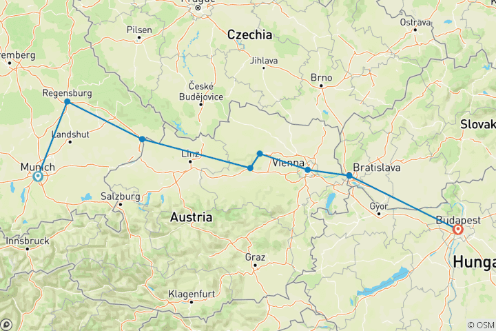 Carte du circuit Les délices du Danube 2025 - 8 jours (from Munich to Budapest)