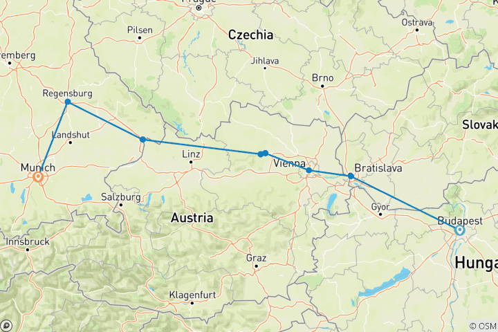 Carte du circuit Les délices du Danube et Munich avec l'Oktoberfest