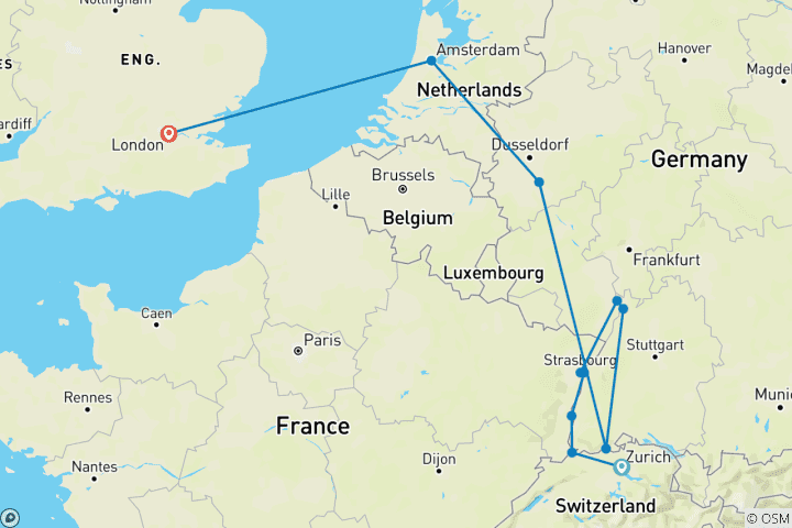 Map of Jewels of the Rhine & London 2026 - 11 Days (from Zurich to London)