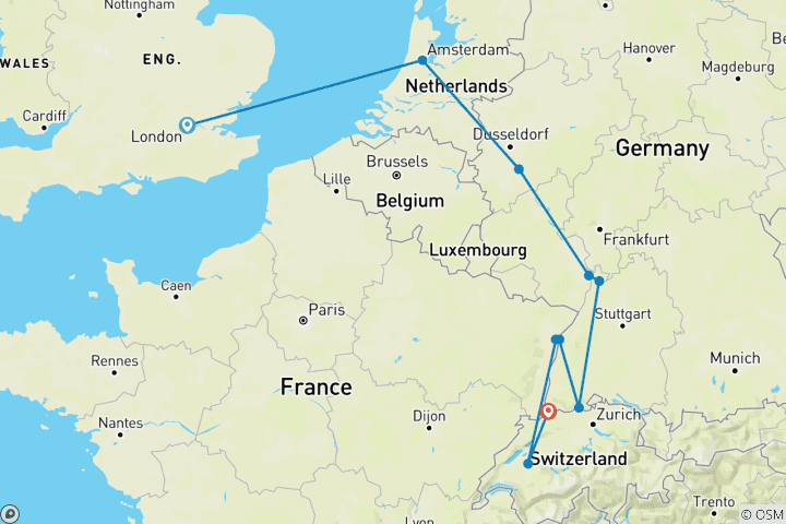 Map of London & Jewels of the Rhine 2026 - 11 Days (from London to Basel)