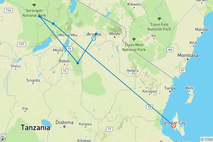 Map of 15 DAYS TRIP TANZANIA + ZANZIBAR