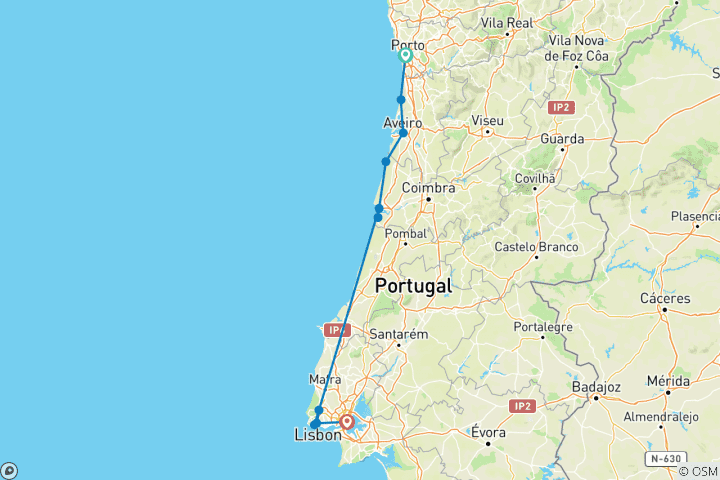 Map of Cycle tour Porto - Lisbon