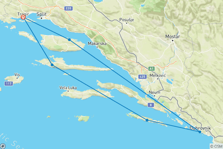 Map of Round trip cruise Trogir - Dubrovnik - Trogir, on MS Equator