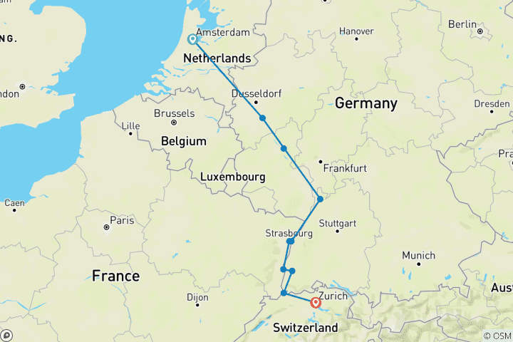 Carte du circuit Joyaux du Rhin 2025 - 8 jours (from Amsterdam to Zurich)