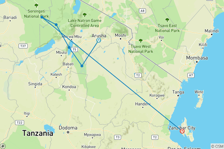 Mapa de Safari por Tanzania y vacaciones en la playa de Zanzíbar