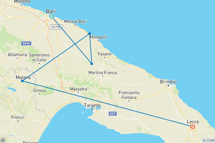 Map of 7 Day Highlights of Puglia Tour Package