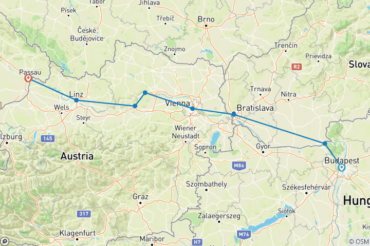 Map of Classical Danube Cruise (Budapest - Passau)