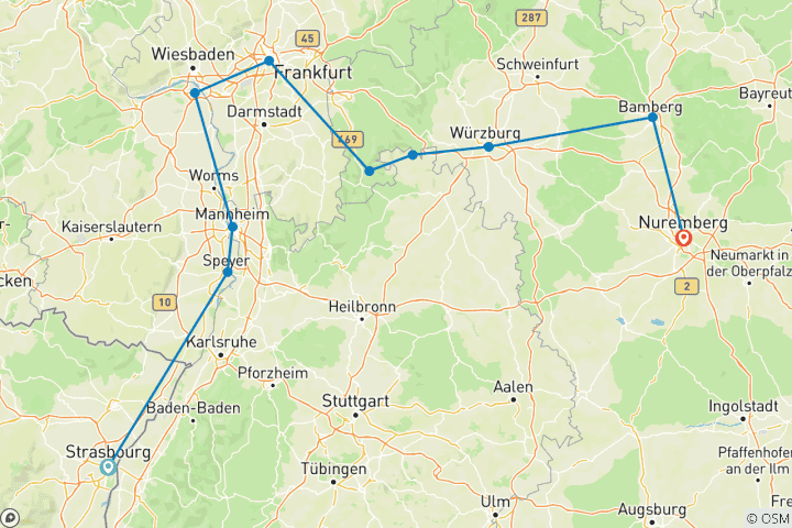Carte du circuit La magie de l'Avent sur le Rhin et le Main (Strasbourg - Nuremberg)