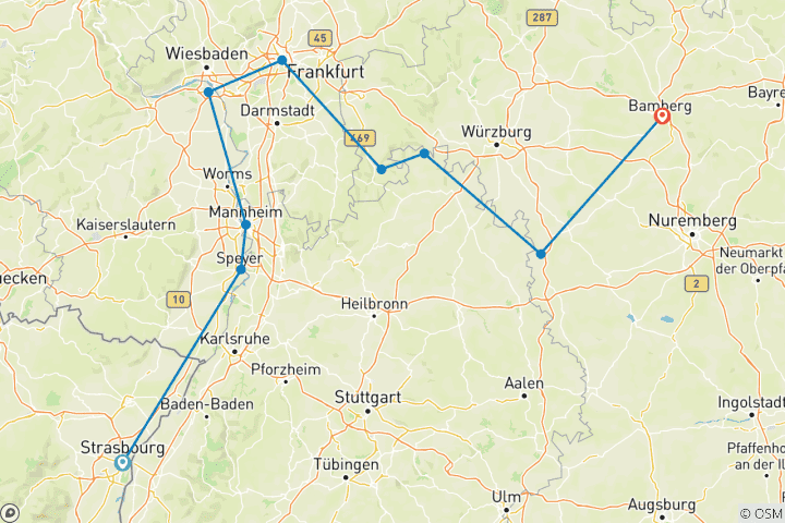 Map of Magic of Advent on the Rhine and Main (Strasbourg - Nuremberg) (from Strasbourg to Bamberg)