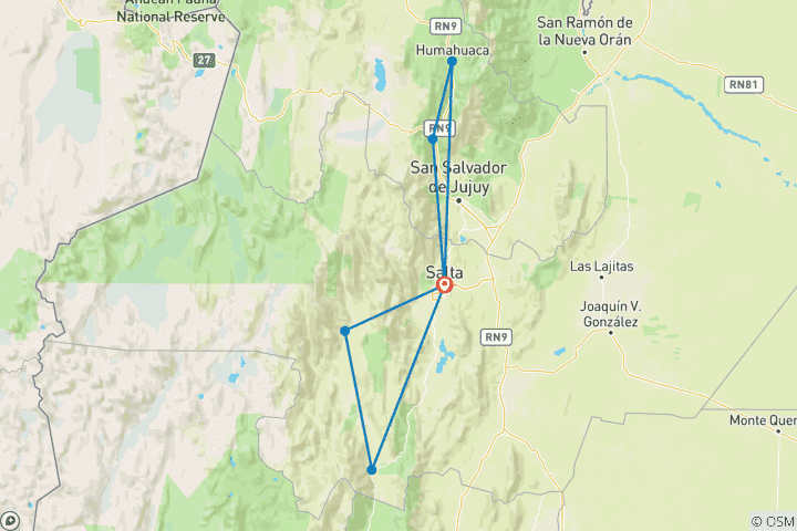 Carte du circuit 6 jours dans le nord de l'Argentine : les merveilles de Salta et Jujuy