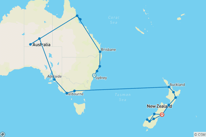 Map of Australian Highlights with New Zealand and Cook Islands add-on (35 days)