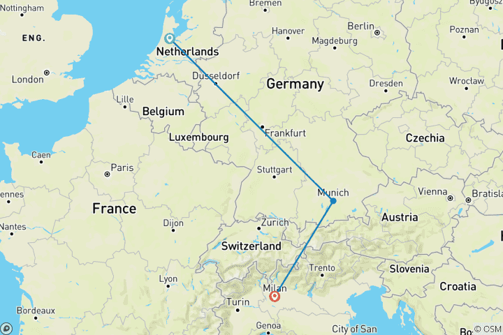 Map of European Football Heritage Tour: Johan Cruyff Arena, Allianz Arena and San Siro Tours.