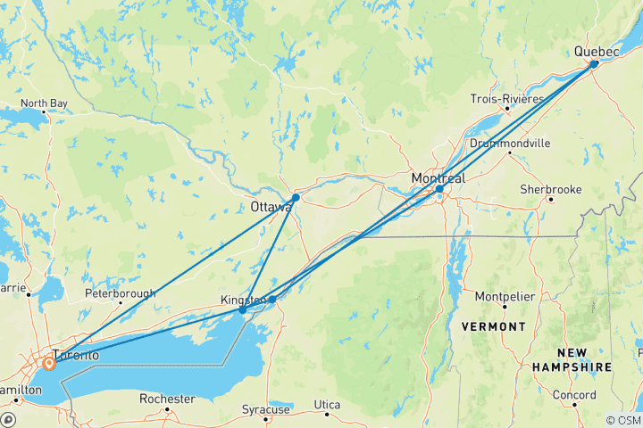 Kaart van Verken Canada Oost in 3 dagen: Montreal, Ottawa, Quebec City en Kingston