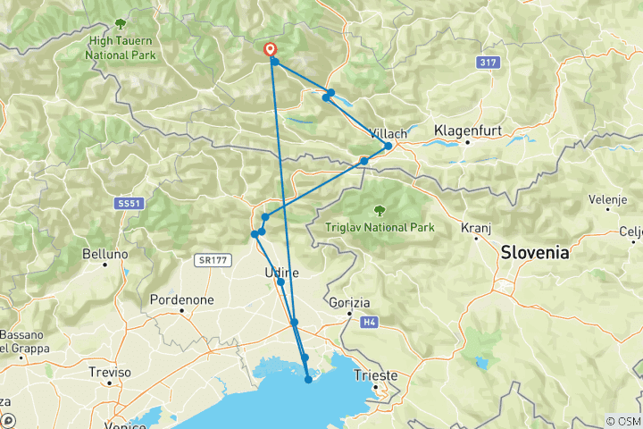 Kaart van Alpe-Adria fietsroute klassiek - Mallnitz naar Grado