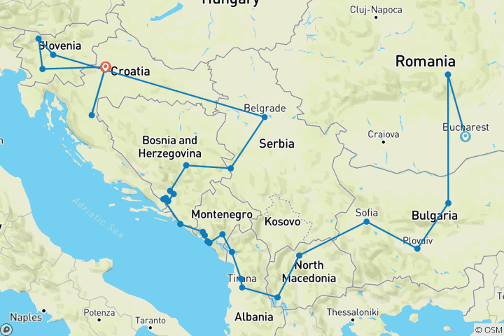 Map of 17-Day Grand Balkan Cultural Tour