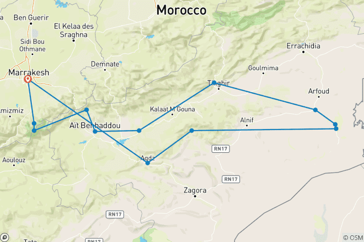 Map of Marrakech Morocco to Atlas Trek & Merzouga Desert Glamping 8 Days private tour