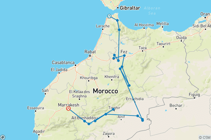 Map of 14-Day Private Tour: Tangier to Imperial Cities & Merzouga Desert Glamping