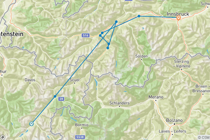 Map of Inn Cycle Path from St. Moritz (Maloja Pass) to Innsbruck - 6 days