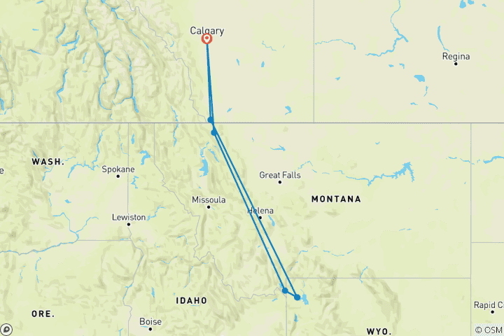 Map of 6-Day Yellowstone & Glacier Tour from Calgary (Small Group)