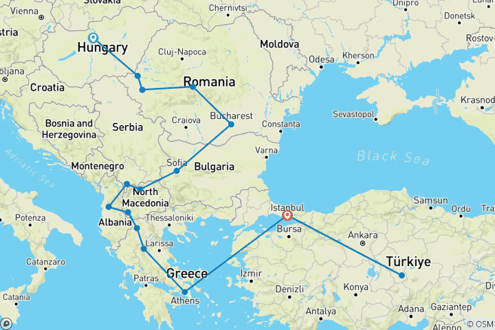 Kaart van Groot Balkanavontuur Boedapest naar Athene & Cappadocië 3 VLUCHTEN INBEGREPEN - Kleine Groepsreis
